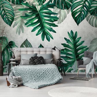 Botanisch behang Monstera bladeren groen