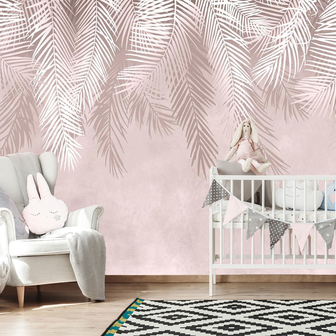 Haarzelf goochelaar Horizontaal Hangende palmbladeren behang Roze | Muurdeco4kids