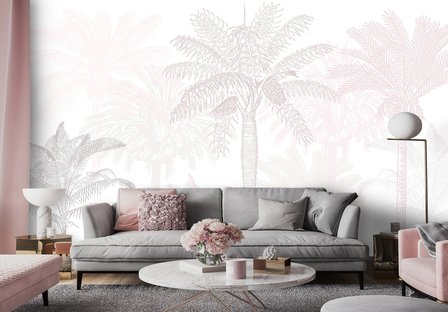 Palmtree behang roze wit