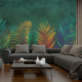 Botanisch behang hangende palmbladeren Groen Oranje