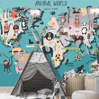 Wereldkaart behang Animal World kinderkamer