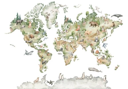 Aquarel Wereldkaart behang met dieren