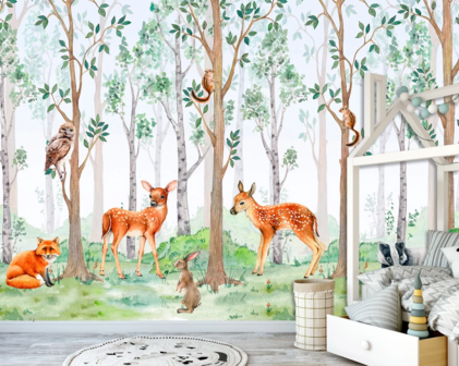 Aquarel behang kinderkamer met Bosdieren