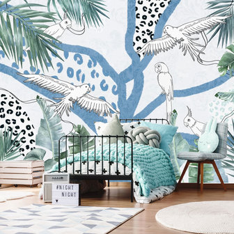 Papegaaien jungle behang Blauw Wit