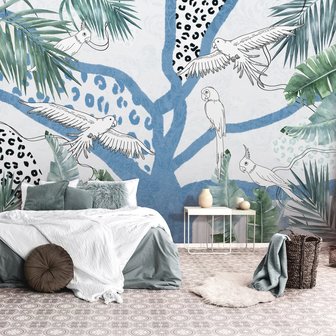 Papegaaien jungle fotobehang Blauw Wit