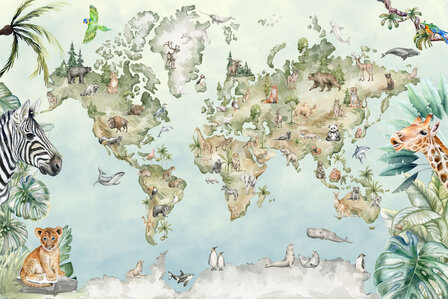 Wereldkaart behang met dieren M0044