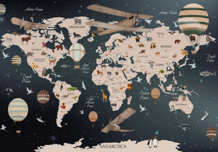 Wereldkaart behang kinderkamer - Donker
