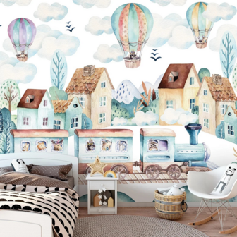 limiet meer en meer Gaan Trein en luchtballon behang kinderkamer | Muurdeco4kids