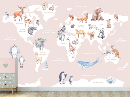 Dieren Wereldkaart fotobehang Roze VINYL