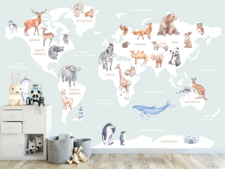 Dieren Wereldkaart fotobehang Blauw VINYL