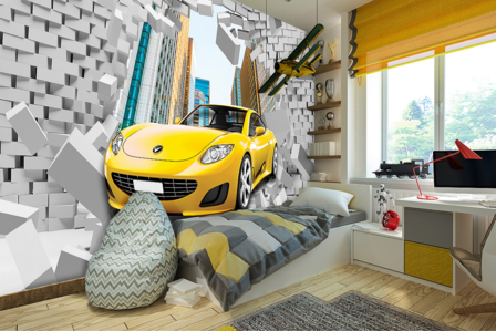 Auto door de muur behang