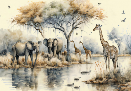 Aquarel Jungle fotobehang Afrikaanse dieren