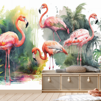Aquarel fotobehang Flamingo&#039;s