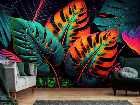 Neon jungle bladeren behang 