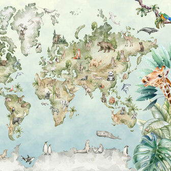 Wereldkaart behang met dieren VIN044