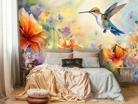 Kolibrie en bloemen fotobehang