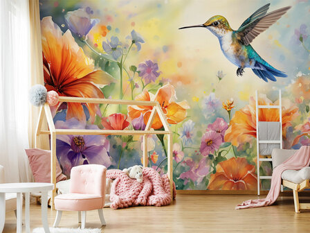 Kolibrie en bloemen fotobehang