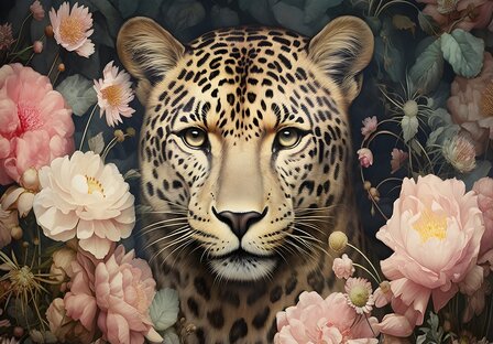 Jaguar fotobehang Bloemen