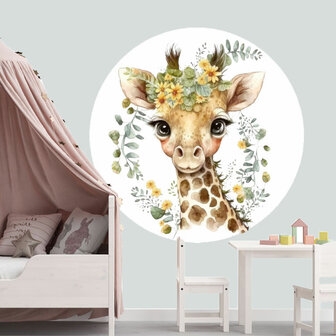 Giraffe muurcirkel Jong met bloemen