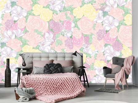 Pastel bloemen behang Rozen en Lelies