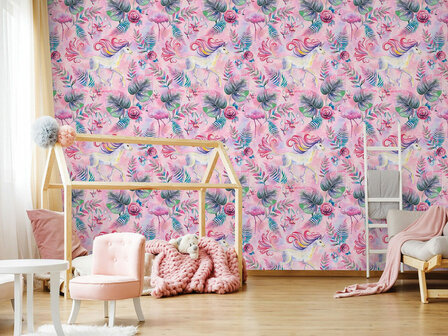 Eenhoorns en Flamingo&#039;s behang