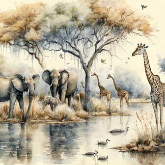 Aquarel Jungle fotobehang Afrikaanse dieren