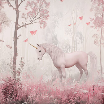 Eenhoorn in Bos fotobehang Roze