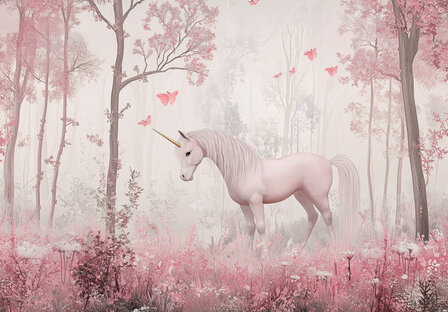 Eenhoorn in Bos fotobehang Roze