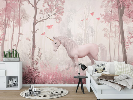 Eenhoorn in Bos fotobehang Roze