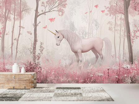 Eenhoorn in Bos fotobehang Roze