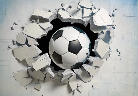 3D Voetbal door muur fotobehang 