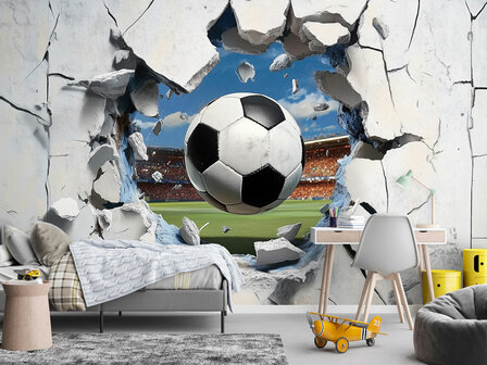 3D Voetbal door muur fotobehang - A