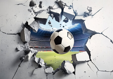 3D Voetbal door muur fotobehang - B