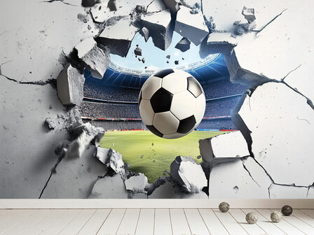 3D Voetbal door muur fotobehang - B
