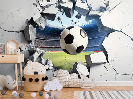 3D Voetbal door muur fotobehang - B