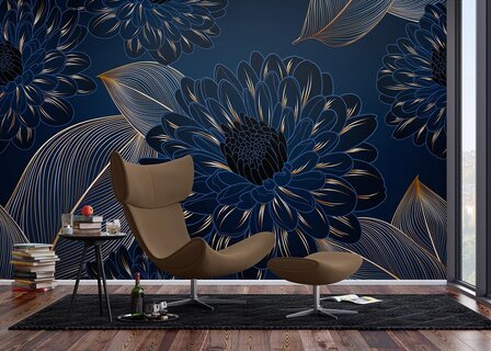 Chrysanten fotobehang Blauw XL