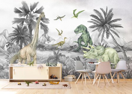 Dinosaurus behang Dinoland XL Grijs