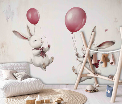 Konijntjes met ballonnen fotobehang