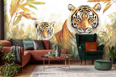 Jungledieren fotobehang Tijger moeder en welp