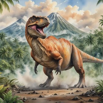 Dinosaurus bij de Vulkaan fotobehang