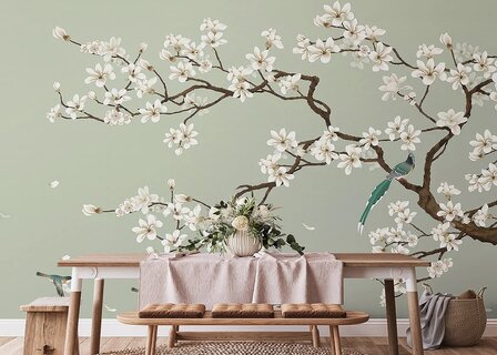 Bloesem fotobehang Magnolia en Vogels