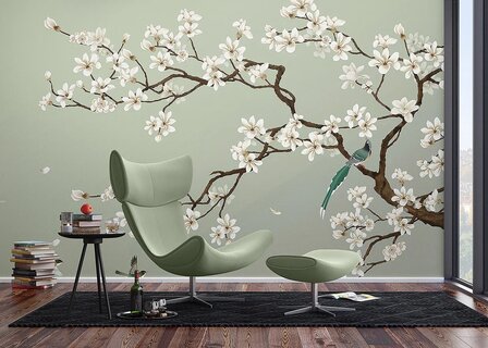 Bloesem fotobehang Magnolia en Vogels