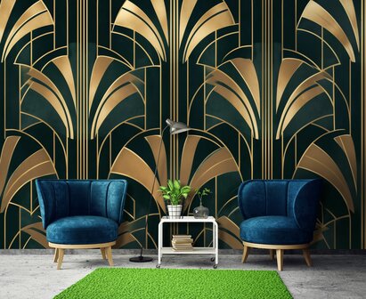 Art Deco behang - Donkergroen Waaierpatroon
