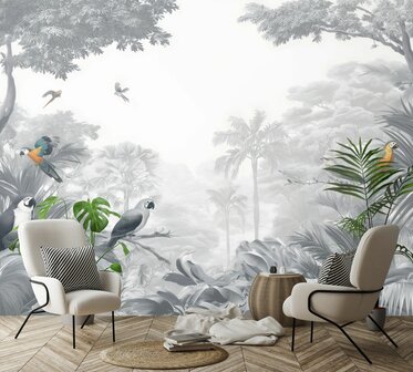 Jungle fotobehang Grijstinten met Papegaaien
