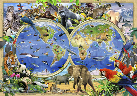 Wereldkaart behang Beestenboel 254x184cm