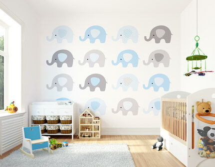 Babykamer behang Blauwe Olifantjes XL