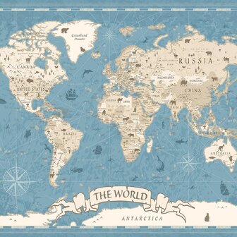 Wereldkaart fotobehang Dieren - Vintage Blauw
