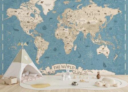 Wereldkaart fotobehang Dieren - Vintage Blauw