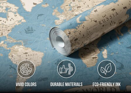 Wereldkaart fotobehang Dieren - Vintage Blauw