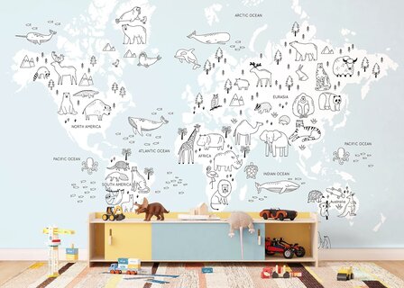 Wereldkaart fotobehang Getekende Dieren